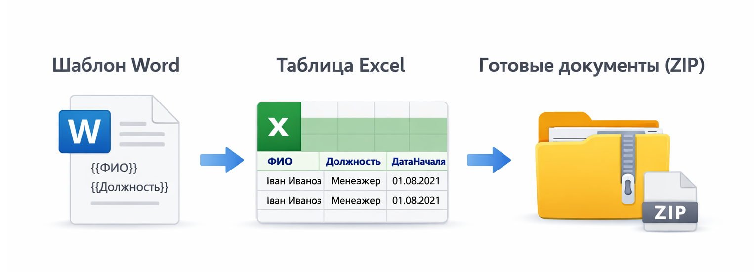 Схема генерации документов: шаблон Word, данные Excel и готовые документы
